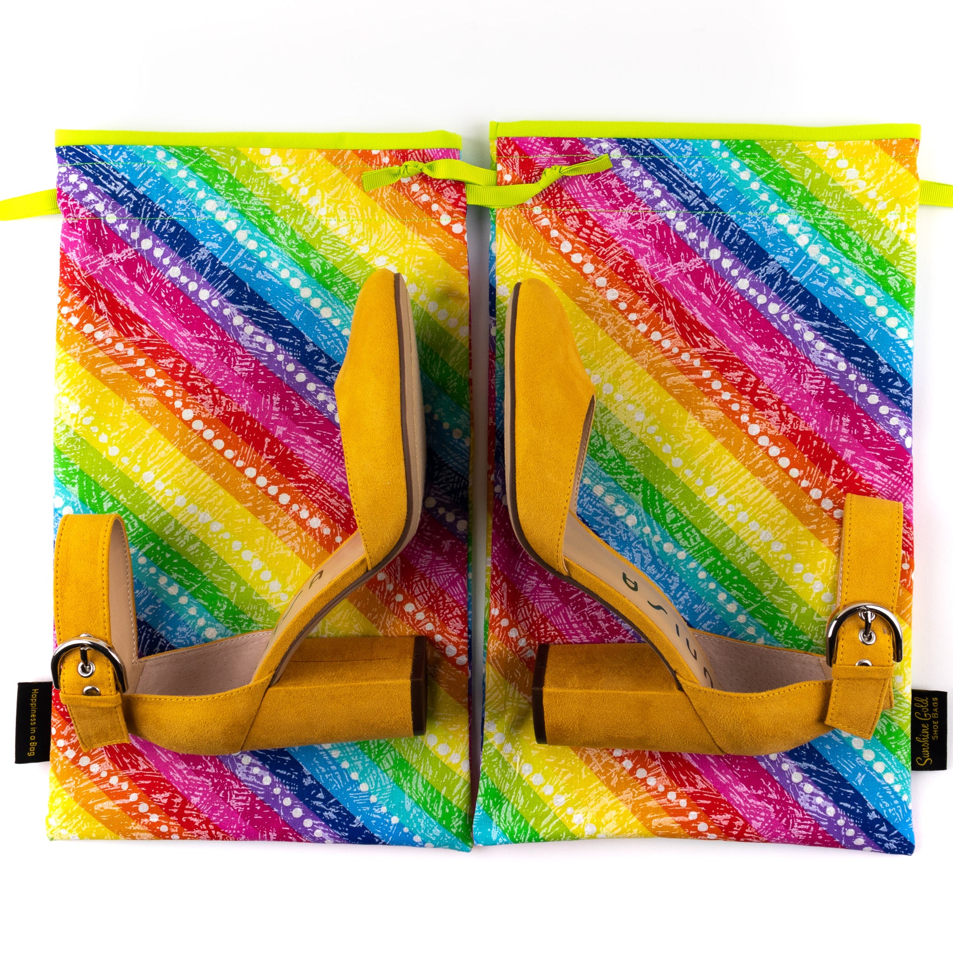 Set of 2 travel shoe bags in vibrant rainbow stripes design