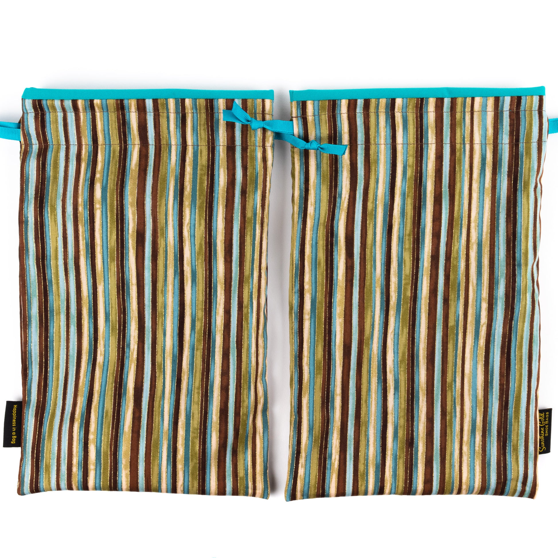 Set of 2 travel shoe bags in turquoise and brown striped fabric design