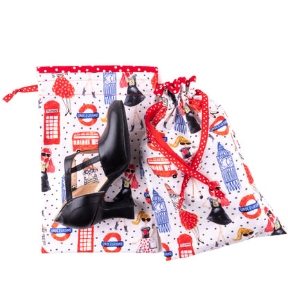 Set of two dance shoe bags in London glamourous girls themed fabric