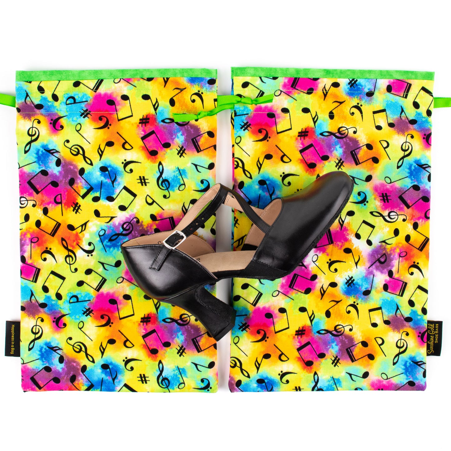 Set of two dance shoe bags in tie-dye musical notes design