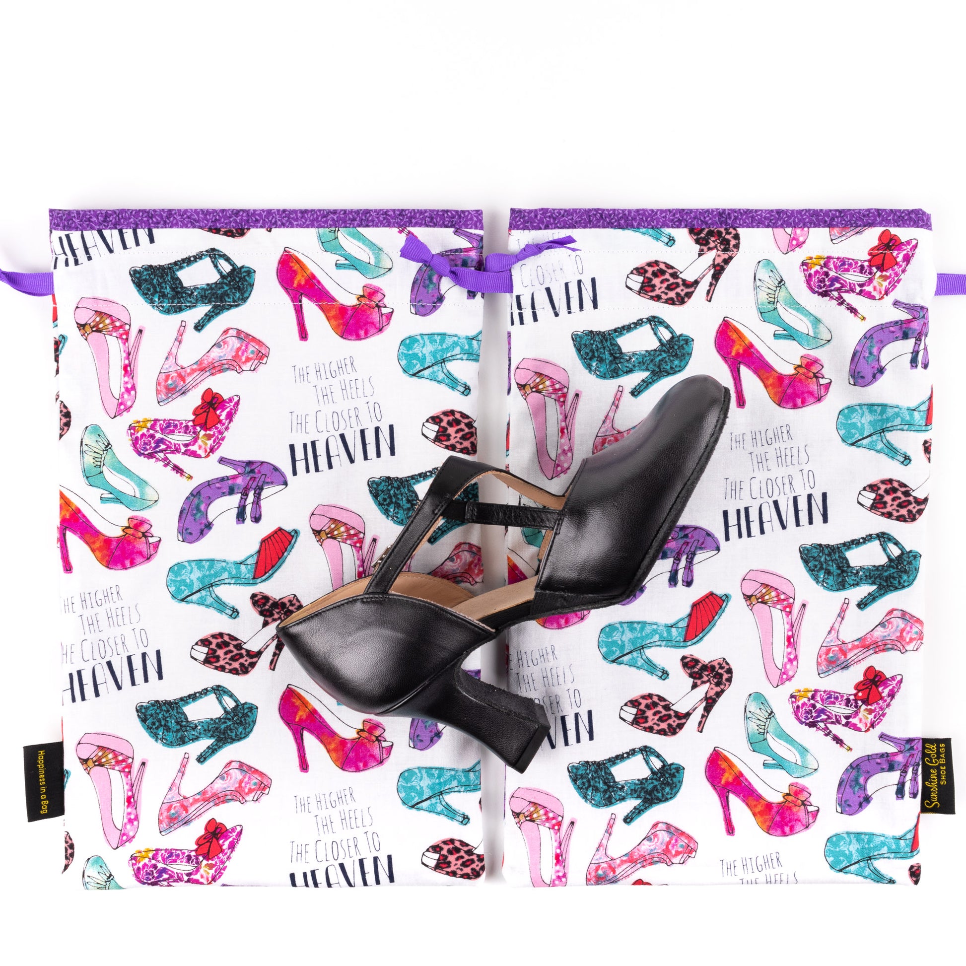 Set of two dance shoe bags with pink and purple high-heels fabric