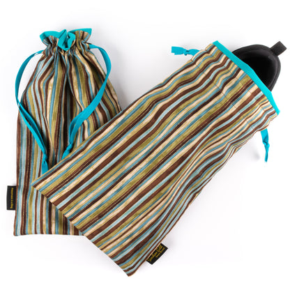 Set of two travel shoe bags in teal and brown striped fabric