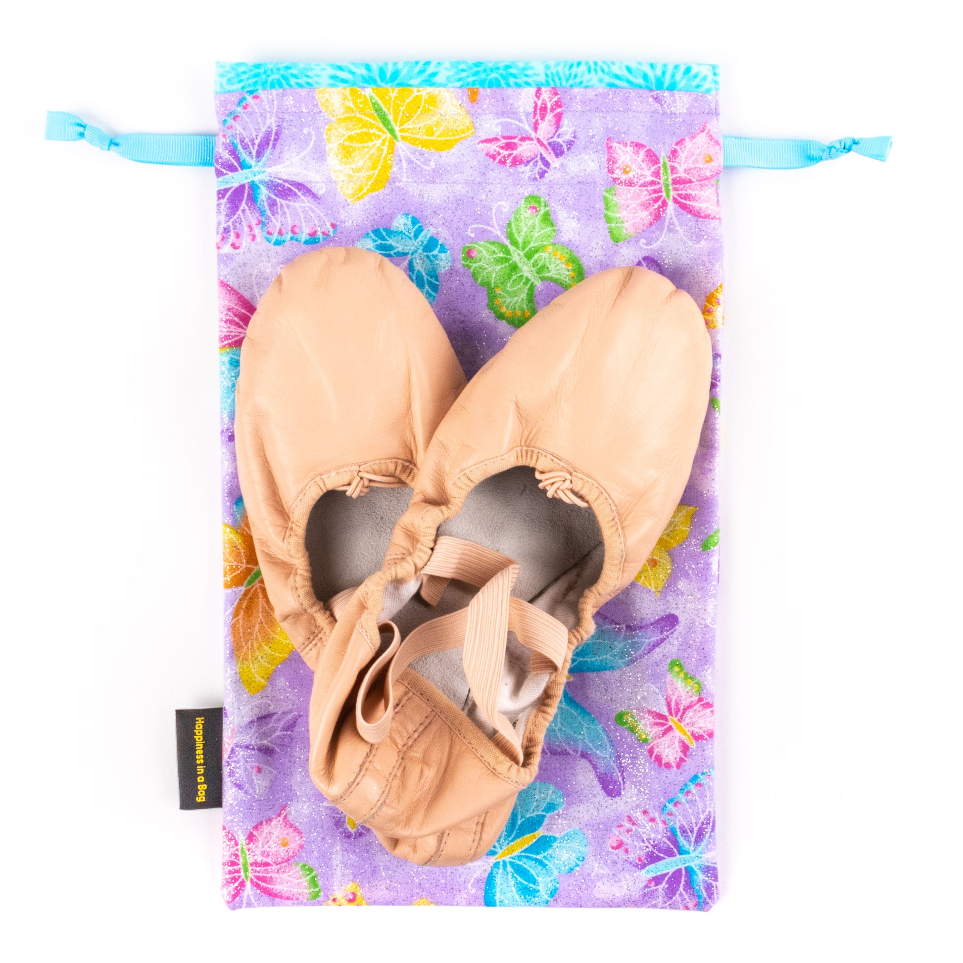 Shoe bag for ballet dance shoes in shimmering butterfly fabric