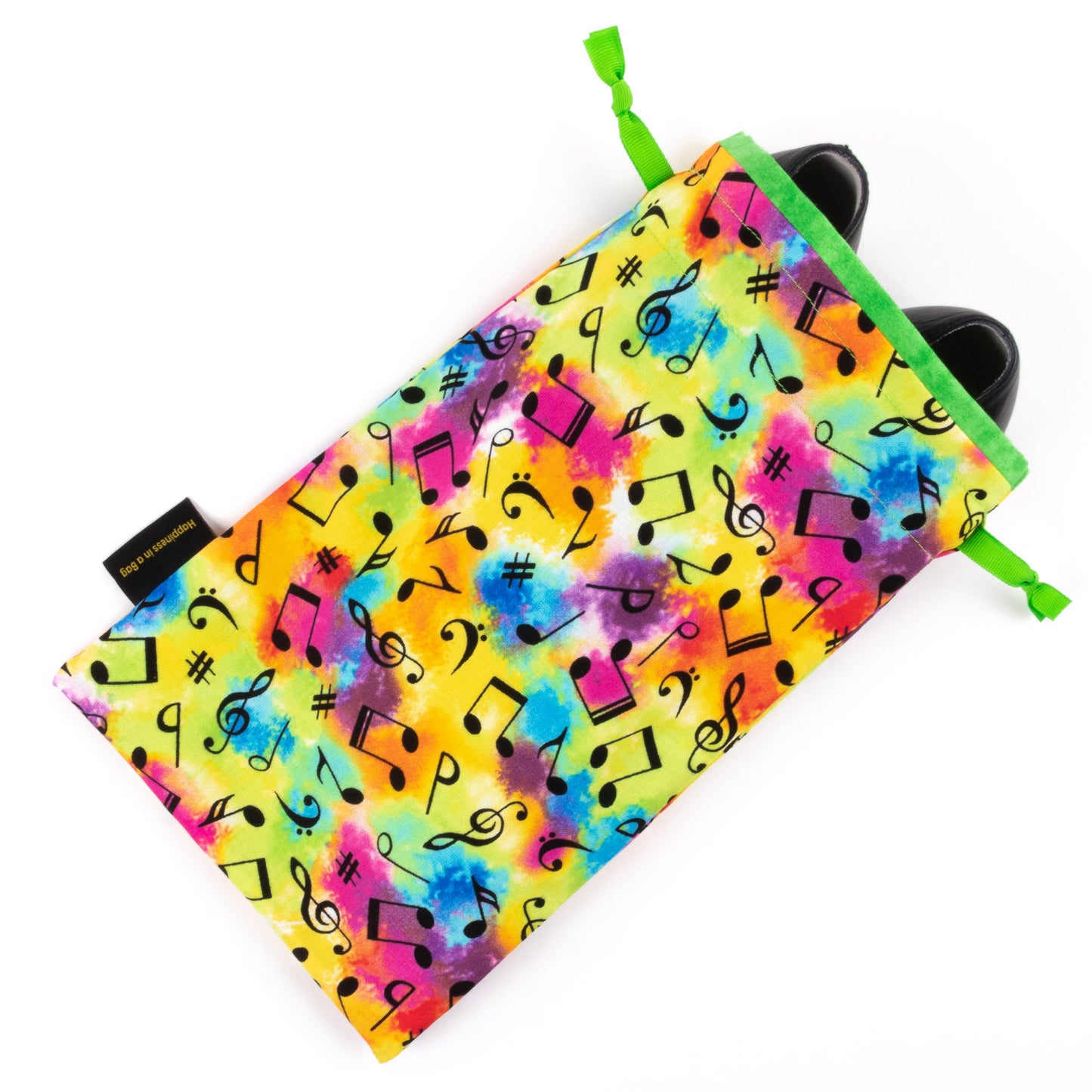 Small shoe bag for soft-soled ballet or jazz shoes in tie dye music notes design