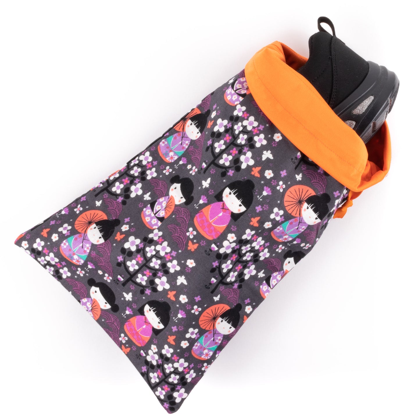 Travel shoe bag in a colorful Asian fabric in orange, pink, and purple