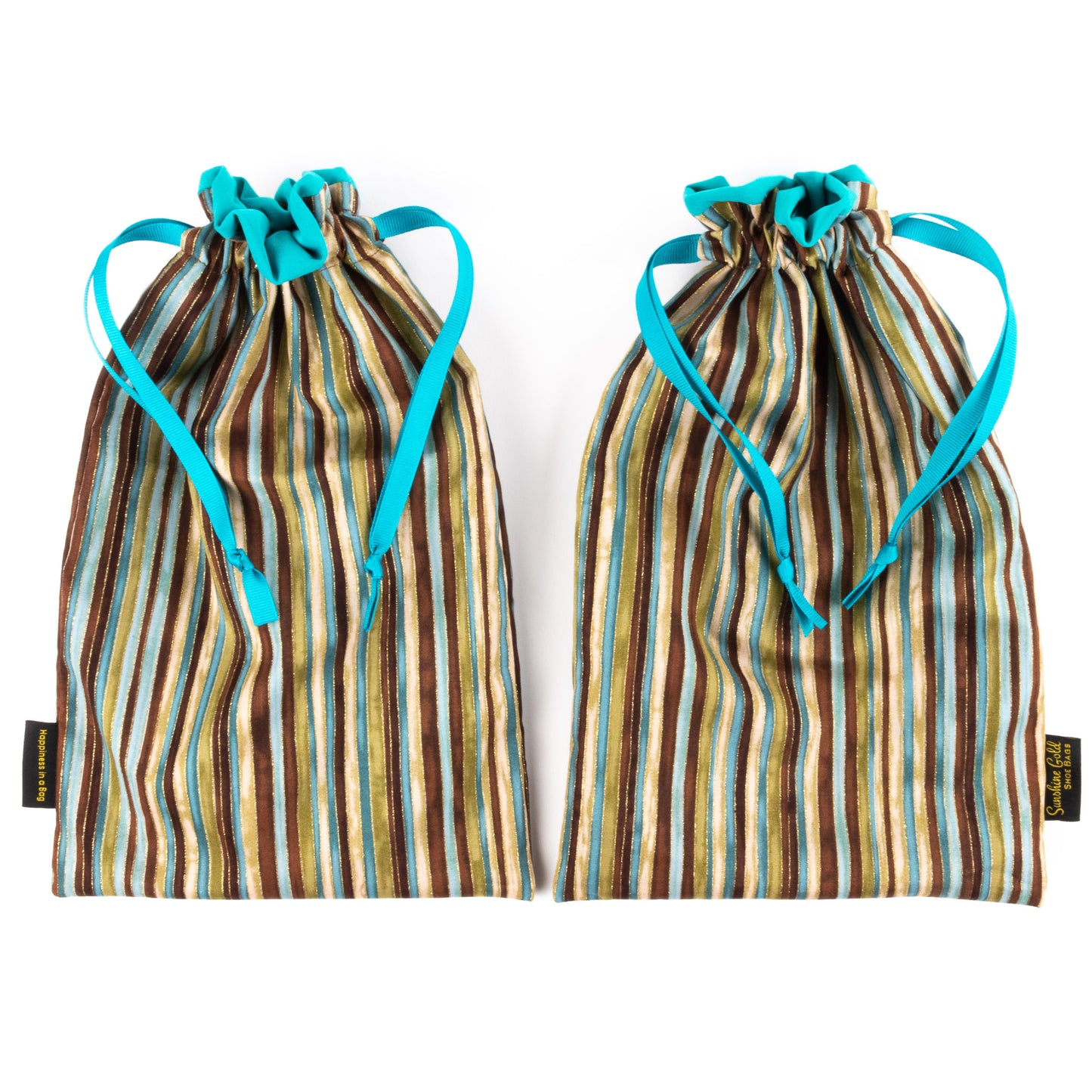 Set of two travel shoe bags in stripes of turquoise and brown