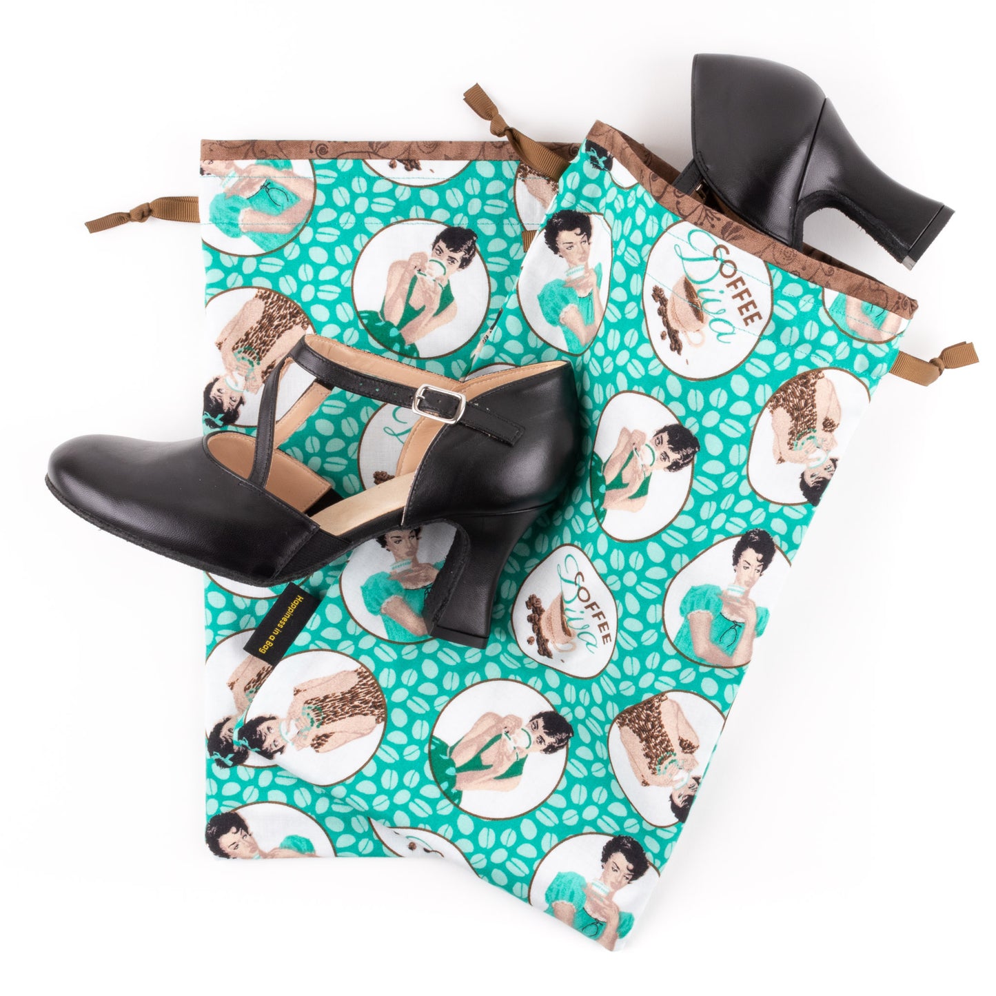 Women holding coffee mugs on fabric set of two shoe bags for dance shoes