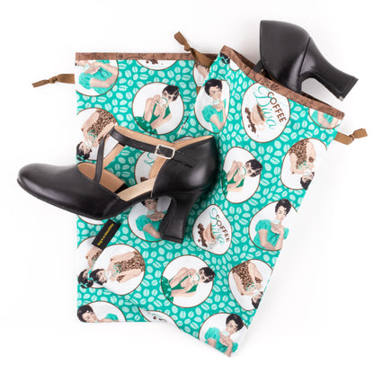 Women holding coffee mugs on fabric set of two shoe bags for dance shoes