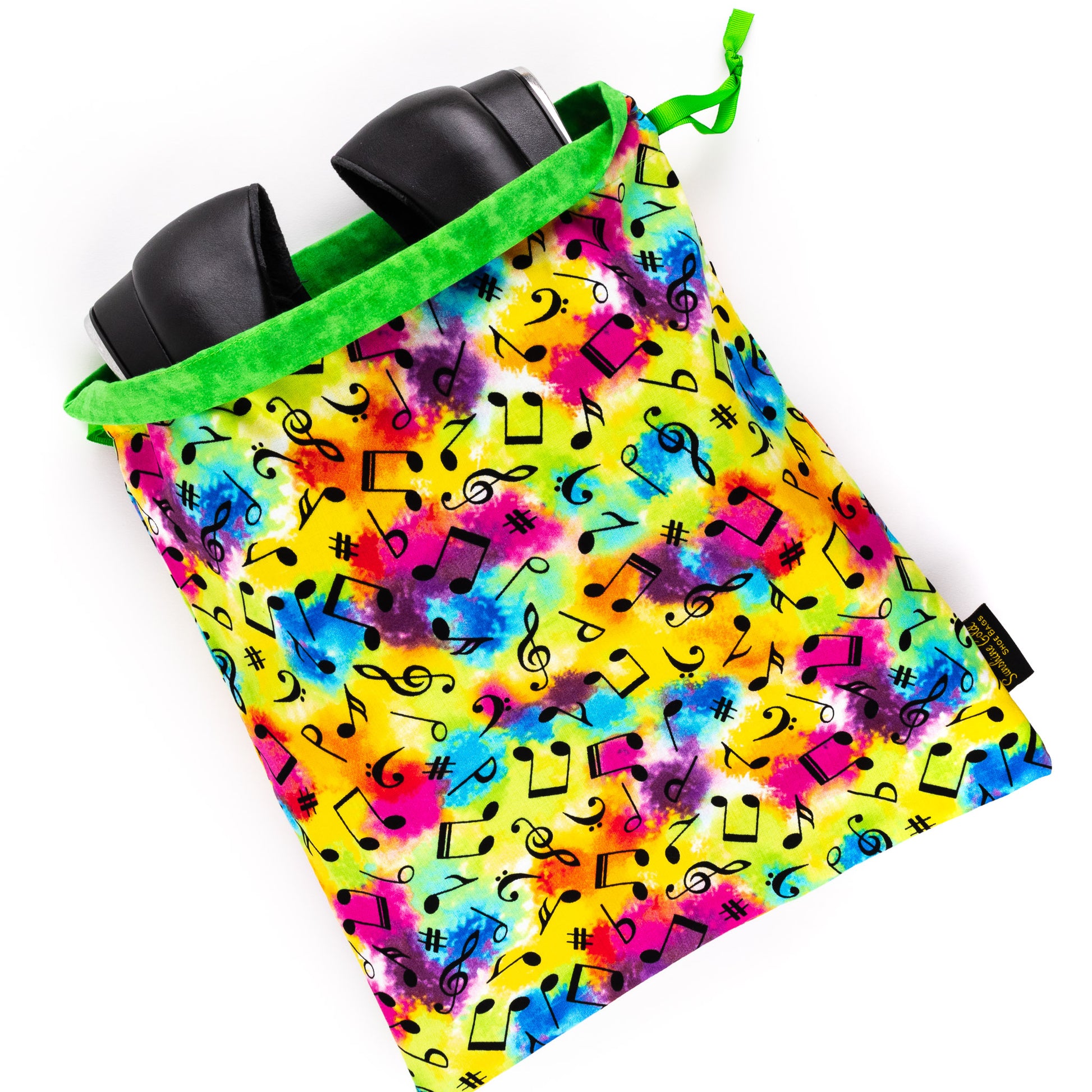 Women's dance shoe bag with tie dye colorful music notes fabric