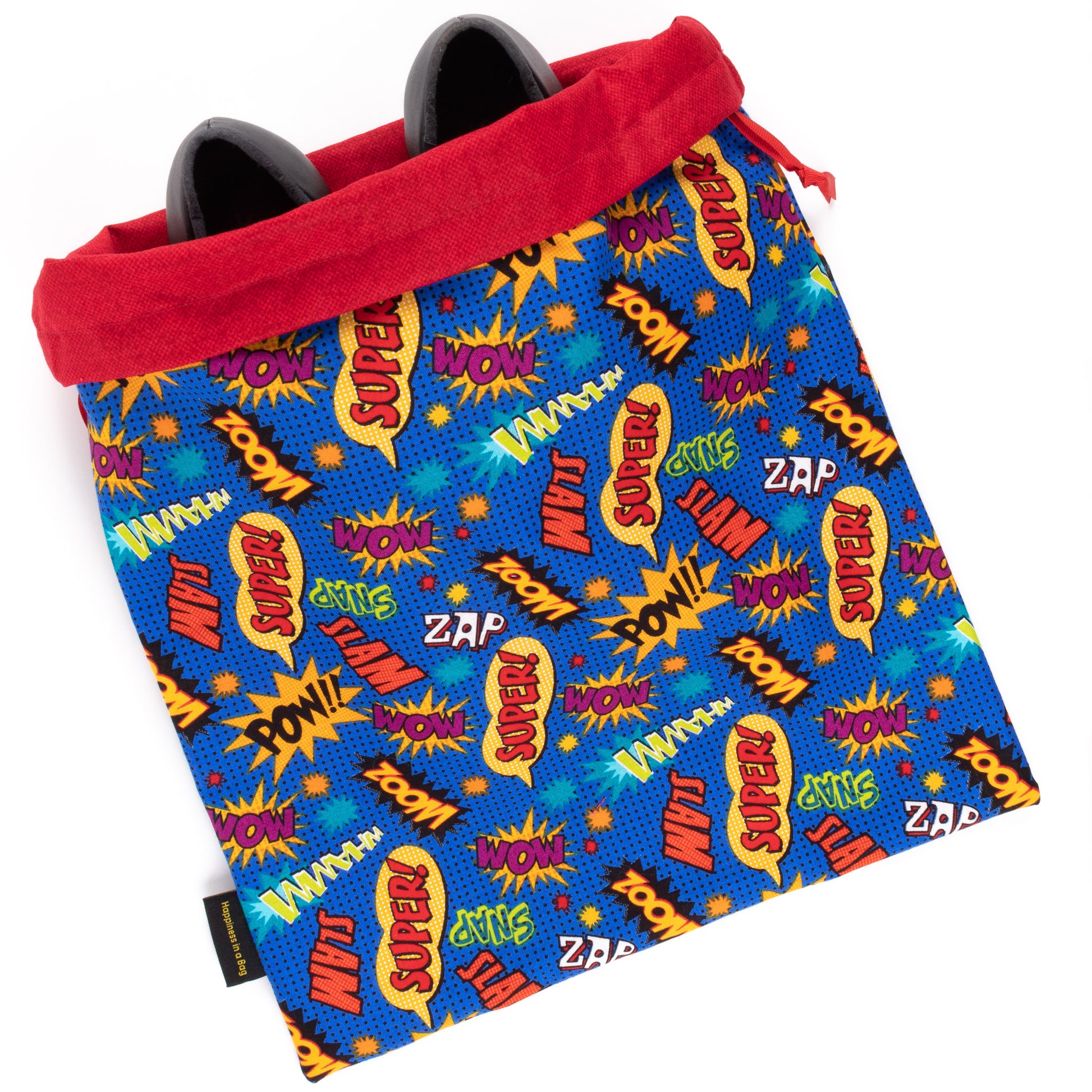Colorful XL dance shoe bag with comic-words fabric and red lining
