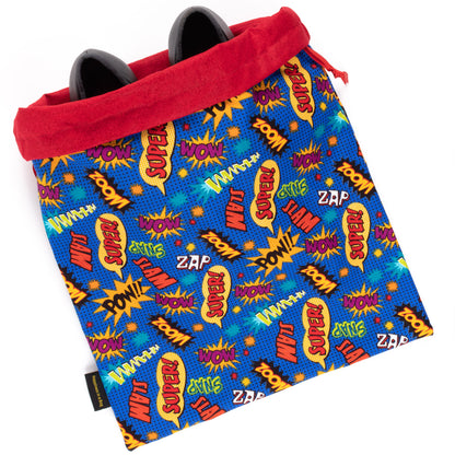 Colorful XL dance shoe bag with comic-words fabric and red lining