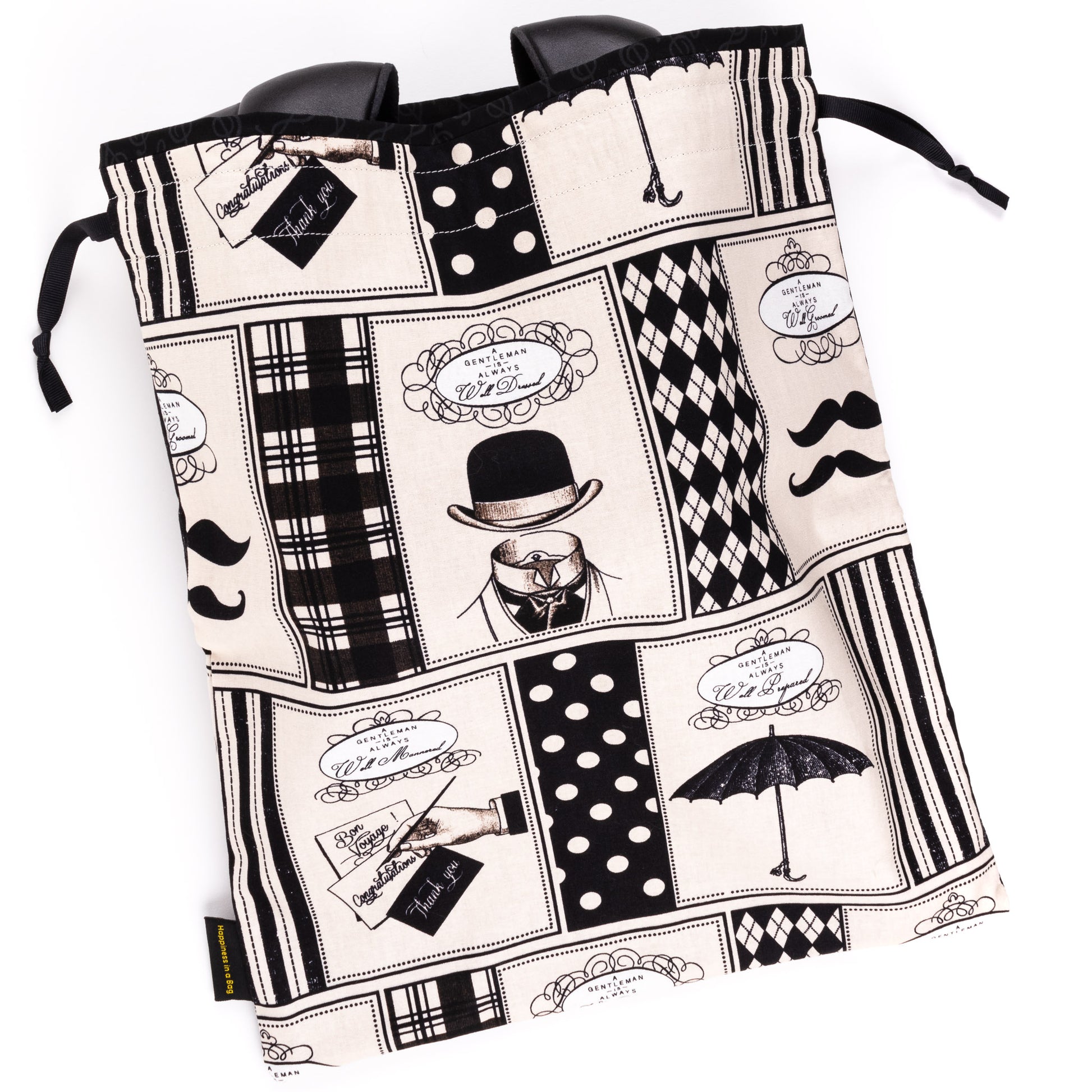 XL men's dance shoe bag in black and beige, with mustache, umbrella, and hat prints