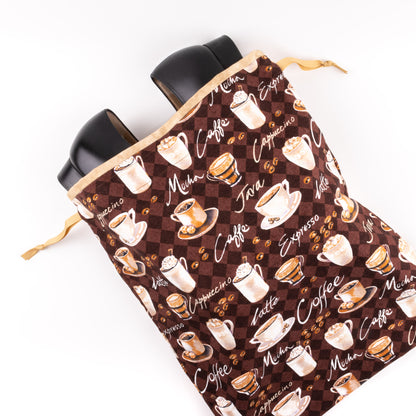 XL shoe bag with coffee-themed fabric for women's dance boots